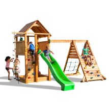 Thegoodgarden - Fungoo Spielturm 'fortress Spider+', Teak, Mit Rutsche, Holzdach, Griffe, Leiter, Kletterturm Und Schaukel