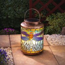 Lanterne Solaire Libellule Effet Vitrail H 24cm