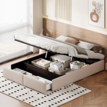 Doppelbett 140x200 Cm, Mit Hydraulischem Stauraum, 2 Schubladen, Lattenrost Aus Holz, Metallrahmen, Gepolstertesbett Aus Leinen - Beige