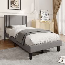 Blanketswarm - Lit Simple Rembourré 90x200 Cm - Cadre En Métal Robuste - Style Industriel - Lin - Gris