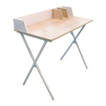Mesa escritorio Cambridge – 84 x 46 x 142 cm – Acero inoxidable blanco – Melamina madera natural