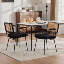 Set Di 2 Sedie Da Pranzo In Ciniglia Con Schienale E Braccioli Effetto Rattan, Nere