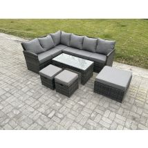 9 Seater Outdoor Rattan Garden Furniture Set Corner Sofa Oblong Coffee Table Sets With Patio 3 Footstools Dark Grey Mixed - Fimous