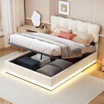 Lit Coffre 160x200,lit Double Capitonné,lit Adulte,avec Sommier À Lattes,led,tissu En Velours,beige