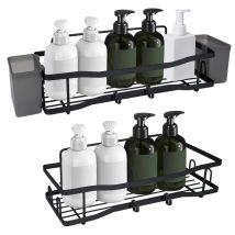 Étagère Murale Salle De Bain Sans Percage, Lot De 2 Avec Crochets, Supports Adhésifs Et Porte-brosses À Dents Inclus, Noir