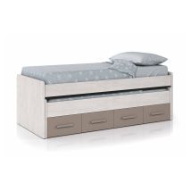 Letto Singolo, Struttura Letto Per Cameretta, Letto Singolo Con Lettino Estraibile E 4 Cassettoni, Cm 198x96h69, Bianco E Marrone