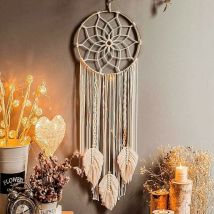 Macrame Dream Catcher Wall Decor Hand Woven Wall Art Bohemian Home Decor Tassel Wall Hangings Metallic Circle Beige,93×25cm
