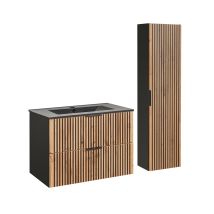 Petits-meubles - Conjunto Mueble Lavabo Individual Encastrado 80cm Y Columna Gaia Madera Y Negro - Lavabo Negro