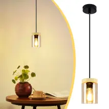 Gbly - Lámpara Colgante Mesa De Comedor 1 Vidrio Llama - Lámpara Colgante De Metal Negro Vintage Con Pantalla De Madera Lámpara Colgante Casquillo E27