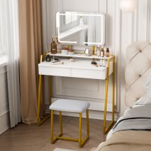Dressing Table With Led Mirror And Stool, Vanity Makeup Table Set With 2 Drawers, White And Gold, Mondeer