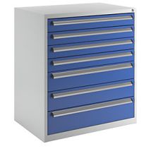 Armario para herramientas – 900 mm ancho – 1000 mm alto – 7 cajones – Acero – Color gris luminoso y azul genciana