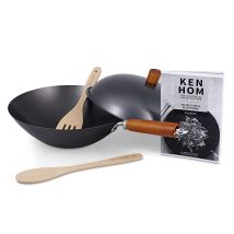 Ken Hom Kh331051 Set Wok 5 Pezzi Antiaderente Acciaio Al Carbonio, 31cm, Classic, Padella Non A Induzione, Con Manico In Legno, Base Piatta, Non 