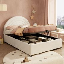 Modernluxe - Lit Enfant Coffre 140x190 Cm - Tête De Lit Rembourrée Et Sommier À Lattes - Tissu Velours - Beige (matelas Non Inclus)