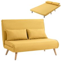 Homcom Sofá Cama De 2 Plazas Plegable, Sofá Cama, Tapizado En Lino, Con Respaldo Ajustable 5 Posiciones, 2 Almohadas, Para Dormitorio, Salón, Amarillo