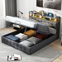 Foerpl-lit Coffre 160 X 200cm Avec Led Et Usb, Lit Double Capitonné Avec Rangement, Lits Rembourré 160 X 200 Avec Rangement Hydraulique, Cadre De Lits