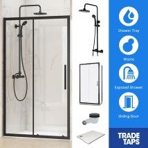 Synergy - Designer Black Single Sliding Door 900 X 1100mm, Tray, Waste & Trisen Shower Full Set