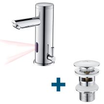 Auralum - Grifo Con Sensor De Infrarrojos Mezclador Automático Para Lavabo + Vaciador Con Rebosadero, Grifo Monomando Para Baño Con Pop-up, Cromado