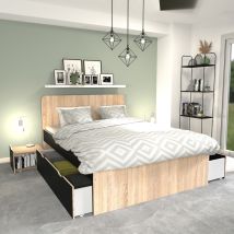 Le Quai Des Affaires - Doppelbett Zenia 140x190 + 2 Konsolen + 2 Schubladen / Eiche Gebleicht & Schwarz/ 195x144x100