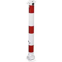 Poste barrera plegable 76 mm blanco y rojo – Acero galvanizado – 900 mm de altura – 2 argollas – Franjas reflectantes