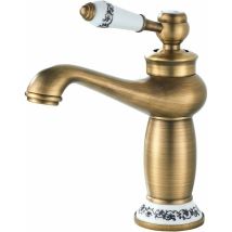 Ahlsen – Retro Brushed Brass Basin Mixer Tap – Floral Ceramic Handle – Hot And Cold Water – Easy Installation