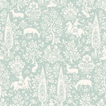 Woodland Wallpaper – Animal Print with Rabbits, Dears, Flowers & Birds – Duck Egg Colourway – 10.05m x 53cm
