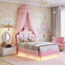 Foerpl-lit Pour Enfant 90x200 Cm, Lit Rembourré 90x200 Avec Led, Lits Princesse Pour Fille En Forme De Couronne Avec Sommier À Lattes Et Tête De Lits 