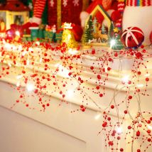 8ft Christmas Berry Bead Garland, Christmas Mantle Decoration, Acrylic Beads, Warm Led Lights, Battery Operated Indoor String Lights For Home Party 