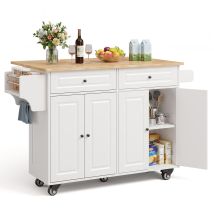 Carrito De Cocina Con Ruedas Bealife Isla De Portátil Con Encimera Plegable 2 Cajones 2 Estantes 4 Puertas Blanca 145 X 75 X90 Cm