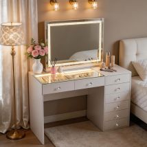 Fenchilin Dressing Table With Led Lighting, Adjustable Brightness, 8 Drawers, 120 X 81 X 55 Cm, Including A Vanity Mirror, White