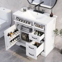 Tocador De 36 Pulgadas Con Lavabo, Lavabo De Cerámica, 2 Cajones Abatibles, Bisagras De Cierre Suave, Blanco