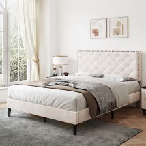 Abrihome - 4ft6 Double Upholstered Velvet Bed Frame, With Adjustable Button-tufted & Riveted Headboard, Velvet Platform Bed Frame, Easy Assembly, 