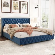 Lit Adulte Rembourré En Velours 160x200cm – Tête De Lit Confortable 50cm – Sommier À Lattes Stable – Bleu – Merax