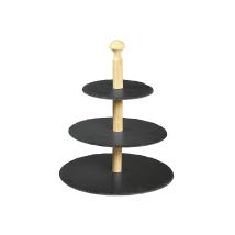 Etagere aus Schiefer 3-stöckig – Ø 20 cm, Ø 25 cm, Ø 30 cm – Bambusrahmen – für Kuchen, Snacks, Obst – natur