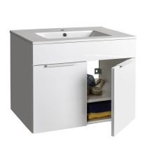 Decor Space - Wandbadezimmerschrank Mit Glänzend Weißer Keramik Und Zement-waschtisch H 58 Cm Mit 2 Holztüren