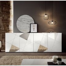 Credenza Soggiorno Bianco Lucido, 4 Ante Con Inserto A Specchio L. 241 Cm - Lisbona