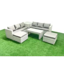 8 Seater Garden Outdoor Rattan Furniture Set Rattan Garden Sofa Oblong Coffee Table With 2 Big Footstools Side Table Light Grey Mixed - Fimous