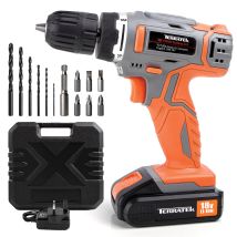 Terratek 18v Cordless Drill Driver With 1 Hour Fast Charge Lithium Battery, 13 Piece Kit And Carry Case