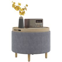 Pouf Contenitore Tessuto Sherpa Da 120 Kg Max Con Vassoio A Ribalta, In Mdf E Faggio, 56x56x42 Cm, Grigio