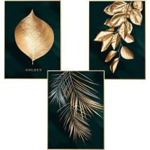 Csparkv - Set Of 3 Designer Wall Posters With Forest Motifs, Golden Leaves, Palm, Without Frame, Wall Decoration For Living Room