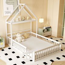 Letto Per Bambini 140x200, Struttura In Legno Massiccio Con Contenitore, Porta Di Sicurezza Completa - Bianco