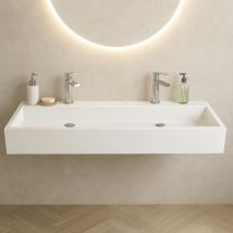 Lavabo sobre encimera rectangular 120 cm en resina mineral blanca – Acabado mate – Diseño moderno – 2 orificios para grifo