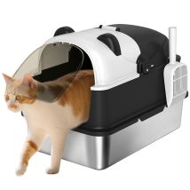 PawHut – Stainless Steel Cat Litter Box with 180° Flip-Top Lid – XL Panda Design – Easy Clean – Spacious for Large Cats
