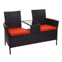 Banc avec table en polyrotin HHG-243, banquette de jardin, ensemble,132cm, noir, coussin terre cuite
