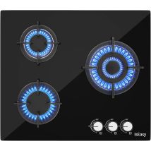 Iseasy - Empotrado Placa De Gas,3 Quemadores 3,3/2,7/1,75kw 60cm,gas Natural/propano,negro,cristal- 3 Fuegos