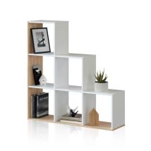 Usinestreet – Estantería librería Taris blanca y roble – 110 cm alto x 108 cm ancho x 28 cm profundo – 20 kg
