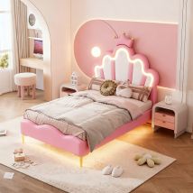 Pergar – Lit Enfant Princesse 90x200 Cm – Design Couronne Ludique – Pu Hypoallergénique – Sommier À Lattes – Capacité 150 Kg – Led Réglables