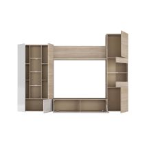 Parete Attrezzata, Mobile Da Soggiorno Porta Tv Modulare, Composizione Salotto Con Pensili E Vetrine E Luce Led, Cm 260x42h185, Rovere E Bianco