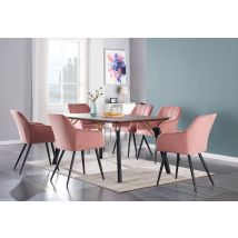 Cosmo Lux Camden Dining Set - A Walnut Wooden Dining Table And Set Of 6 Pink Velvet Dining Chairs - Dining Room Kitchen