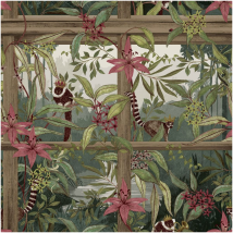 Tropical Lemur Wood Effect Wallpaper Botanical Trellis Green Pink Feature Wall