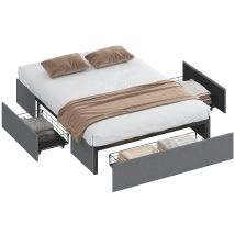 Lit Coffre 140 X 190 Cm, Cadre De Lit Double Rembourré Avec 3 Tiroirs, Sommier À Lattes En Lvl, Sans Bruit, Gris